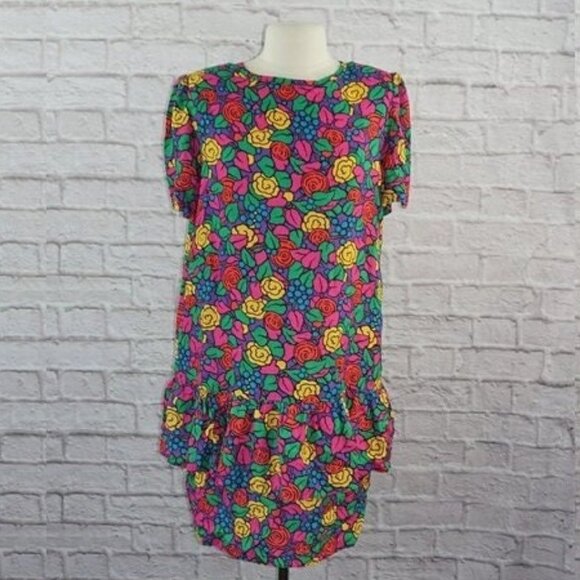 Vintage 80s John Matthews of California Floral Ruffle Tiered Dress Large